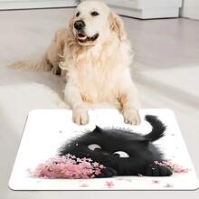 1pc Cute Black Cat Cartoon Pet Feeding Mat - Colorful Printed Design, Playful Pink Flowers, Diatomite Material Cat Bowl, Indoor Use, Cat Food Mat