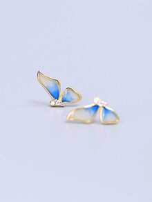 1 Pair 925 Silver Crafted Enamel Butterfly Wing Stud Earrings, Elegant Minimalist Style, Versatile, Suitable As Holiday Gift, Korean Style For Women