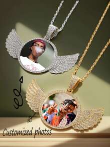 1pc Custom Photo Necklace, Custom Double-Sided Picture Necklace, Hip Hop Style Chain Strap Picture Pendant, Personalized Souvenir Gift, Gift For Men And Women - Silver Round Wings - View 1
