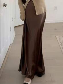 Women's Elegant Minimalist Romantic Date/Office Versatile Solid Satin Skirt, Autumn/Winter - Mocha Brown - View 4