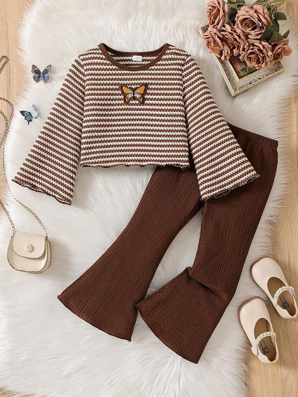 2 Stücke/Set Mädchen Rippstoff Crew Neck Sweatshirt Top mit Schleifen Stickerei Dekor + Rippstoff Schlaghose Set, Mädchen Frühling/Herbst Langarm Hoodie + Schlaghose Outfit für Lässig, Zuhause, Outdoor