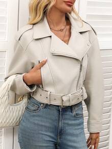 女式纯色简约日常拉链短夹克 - 米灰色 - 查看 5