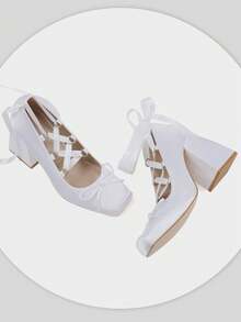 Womens High Heels Sandals Square Toe Satin Slip On Pumps Shoes Chunky Heels Cross Strap Ballerina Shoes Mary Jane Bow French Girl Fashion Party Business Casual Bridal Wedding Dressy Outdoor Street Style Easter Spring Summer Sandals For Women White Heels - 白色 - 查看 9