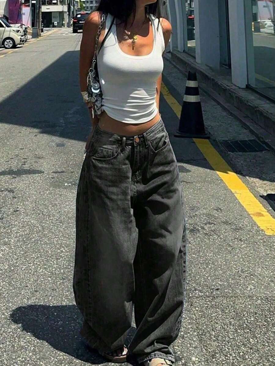 Teen Girls' Fashionable Straight Leg Wide Leg Casual Jeans - 灰色 - 查看 1
