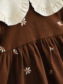 女婴秋季花朵刺绣长袖连衣裙时尚翻领幼儿服装（6个月至3岁） - 咖啡棕 - 查看 5