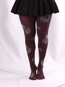 1 Pair 280D Women's Skull Print Tights, Suitable For Spring And Autumn - Black - View 2