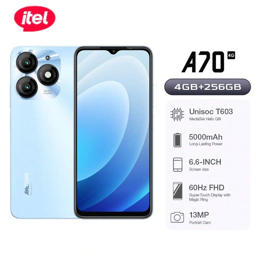 itel A70 256GB+4GB，6.6英寸高清+超窄底框+侧指纹+旗舰复合板外观，5000mAh长续航+Type-C 10W快充 - 藍色 - 查看 1