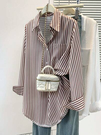 Plus Size Women's Casual Basic Striped Pointed Collar Long Sleeve Shirt Blouse With Button Pockets, Suitable For Daily Office Wear, Autumn/Winter/Spring