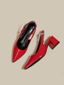 Women's Red Patent Leather Pointed Toe Single Strap Chunky Heel Pumps, Elegant Pointed Toe Formal High Heels, Fashionable Slingback High Heels - Red - View 2