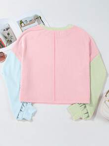 Acelitt Camiseta casual holgada de cuello redondo con textura y contraste de colores para mujer talla grande, adecuada para primavera y otoño - Multicolor - Ver 5
