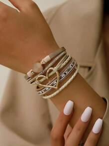 1 件装母子爱珍珠银皮革手链女士母亲节礼物