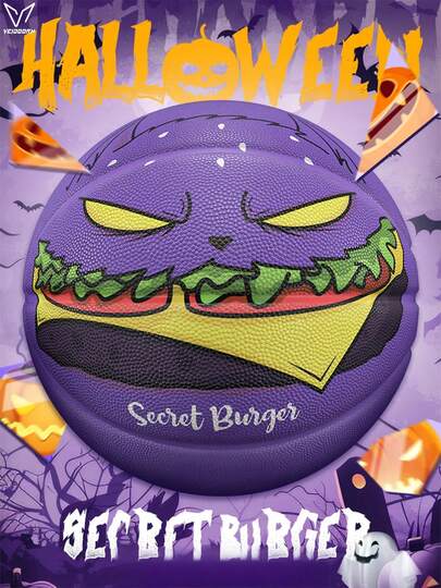 veidoorn 1 st storlek 7 standard Halloween-tema gummibasketboll, hamburgermönsterbasketboll, inomhus- och utomhusträning, trendig och unik träningsbasketboll, bästa presenten till flickvän och pojkvän