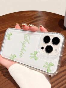 1pc Customized Name & Bowknot Color Pattern Phone Case, Fashionable Custom Design Reflective Thick Anti-Drop Phone Case Compatible With IPhone 11 12 13 14 15 16 Pro Max,International Version, Not The Domestic Version - Clear - View 3