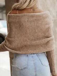 Sylvia 交叉V领双面长袖针织上衣，柔软蓬松质地，性感气息，适合街头、下午茶、旅行、音乐节、新年、情人节等场合。 - 卡其色 - 查看 4