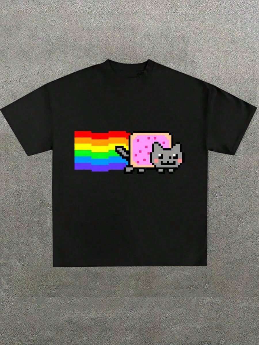 2026 AF Pixel-Art Rainbow Cat Graphic Tee,Casual Digital Print Pure Heavy Cotton T Shirt,220g Cotton T-Shirt,Gift,Summer,Unisex - 黑色 - 查看 1