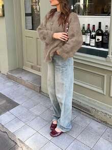 Women's Elegant Solid Color Casual Minimalist Dropped Shoulder Round Neck Loose Mohair-Like Sweater, Going Out Tops For Women, Brown Top, Women's Winter Sweater