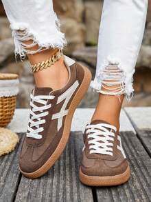 女士休闲百搭条纹运动鞋，女士时尚吸睛舒适橡胶软底运动鞋，女士透气轻便拼接运动鞋 - 棕色 - 查看 4