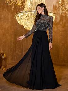 UNITHORSE 女士优雅立领长袖串珠亮片网纱雪纺长款晚礼服，适合婚礼、春季派对等场合，黑色。 - 黑色 - 查看 3