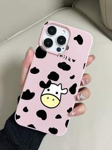 1pc Pink Large Pore Faux Leather Litchi Texture Painted Cow Pattern Anti-Drop Phone Case Compatible With IPhone 11/12/13/14/15/16 Pro Max