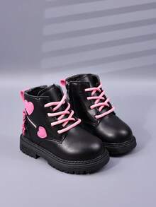 女婴时尚蝴蝶结靴，儿童中帮休闲平底短靴，带侧拉链，幼儿/小孩 - 黑色 - 查看 2