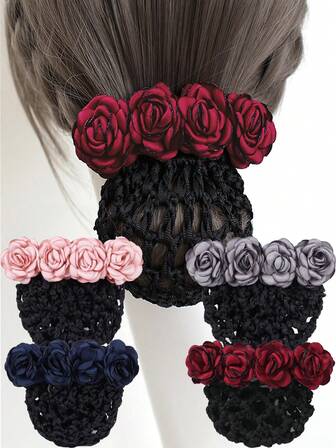 1 pieza Diadema de enfermera, redecilla para el cabello con flores rojas para profesionales, tripulación de aerolíneas, personal bancario, personal de hotel, clip para cubrir el moño con flores artificiales, pinzas de garra, pasadores para el cabello, accesorios para el cabello, glamour de Año Nuevo