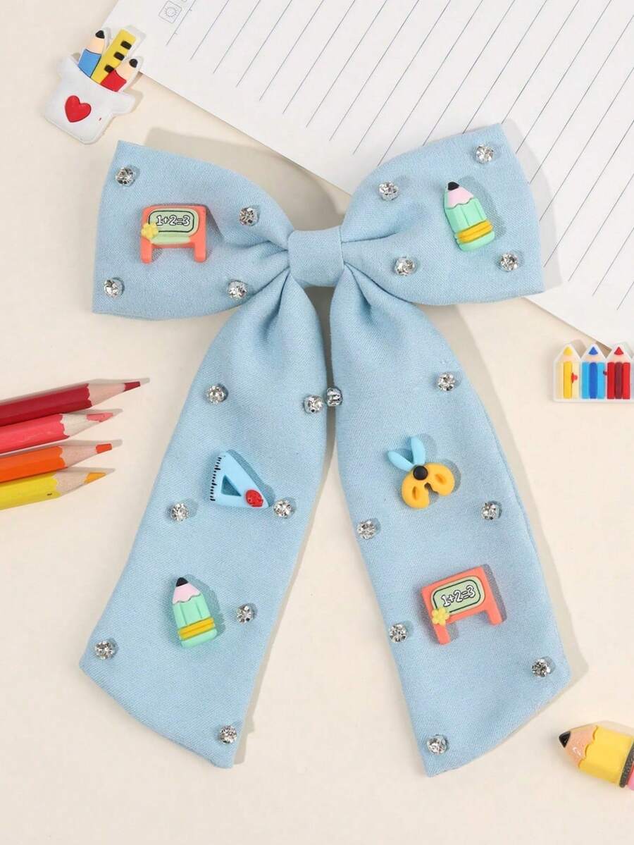 1 pieza/3 piezas Accesorios para el cabello de vuelta a la escuela para estudiantes niñas, Clips para el cabello con forma de lápiz amarillo/blanco/azul con brillantes rhinestones, Elegantes clips para el cabello con cintas y grandes colas, Decoración para el cabello linda para fiestas de estudiantes, regalos de verano para maestros, decoración para graduación - Multicolor - Ver 1