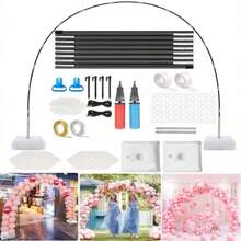 一套气球拱门套装，包含可调节气球拱门支架（带可充气底座）、气球夹和气球条，适用于婚礼、生日派对、万圣节派对、圣诞派对装饰和毕业典礼活动。