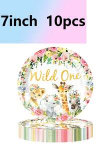 10pcs WILD ONE Wild Animals Theme Party Birthday Tableware Forest Animals Paper Plates Paper Cups Paper Towels Camping Travel Camping - Multicolor - View 2