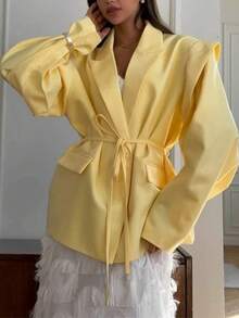 1 szt. Jednokolorowa, tkana tkanina, damska marynarka biurowa z paskiem i kieszeniami, odpowiednia na wiosnę i jesień