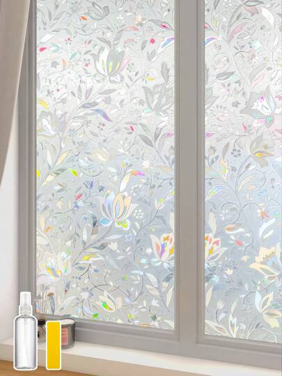 1 Roll Window Privacy Film, Decorative Stained Glass Window Film, Heat Blocking Window Clings, Renter-Friendly Static Cling Frosted Window Sticker Covering For Home, Rainbow Tulip