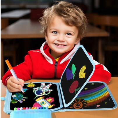 1pc Reusable Doodle Drawing Book, Portable Kids Erasable Writing Board, Preschool Blackboard, Easter Party/Children's Day/Birthday Gift - Comes With 12 Color Watercolor Pens