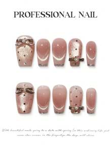 10 件甜美粉色渐变手工指甲按压指甲，3D 蝴蝶结和金属装饰，带圆点猫眼法式指甲片，闪亮全覆盖假指甲，中长棺材指甲，含果冻胶和指甲锉，浪漫风格女士指甲