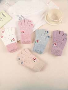 A Pair Of Korean-Style Cute Snowman Embroidered Plush Gloves, Touchscreen-Compatible Gloves, Christmas Atmosphere Gloves, Christmas-Style Gloves, With Cute Snowman Patterns, Women's Winter Fleece-Lined Warm Gloves.