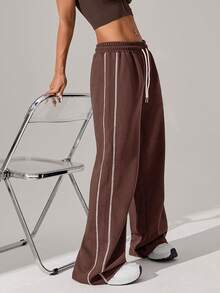 1pc Women's Waffle Knit Loose Straight Leg Drawstring Waist Contrast Color Simple Fitness Sports Pants, Spring/Summer - Brown - View 7