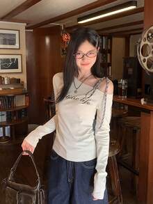 斜肩格纹系带打底衫，秋季字母印花修身长袖女式上衣，情人节、秋冬季/春季款