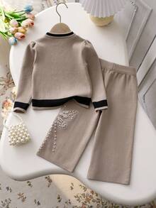 2pcs Set: 1pc Girls Elegant Butterfly Beaded Knit Sweater Top And 1pc Butterfly Beaded Knit Sweater With Pants Set, Suitable For Casual Everyday Wear, Spring/Autumn/Winter - Apricot - View 3