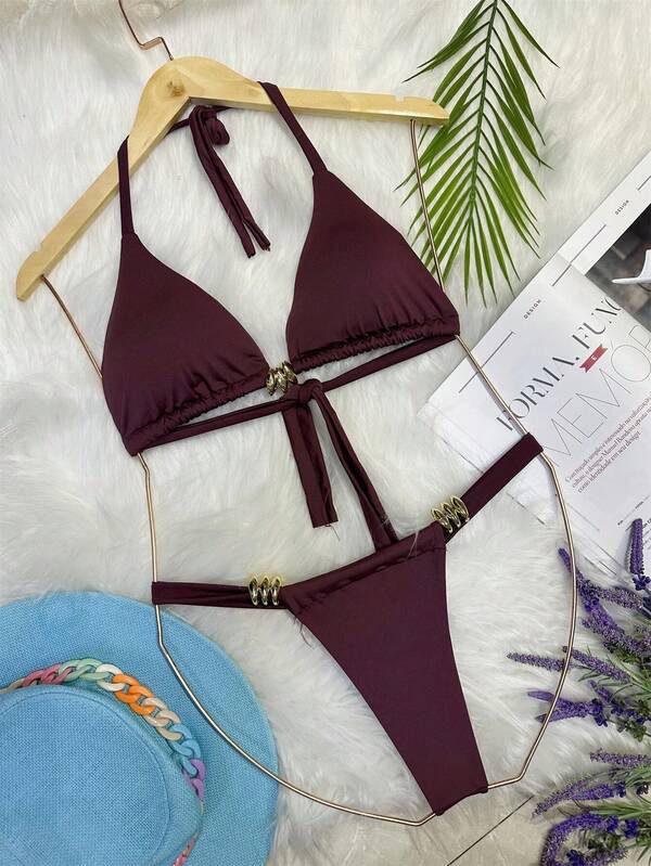 Biquini conjunto feminina tecido estica  com fivela decorativa