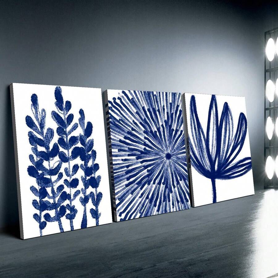 3 Pcs Bright Blue Abstract Floral Canvas Art - Wall Decor For Living Room, Bedroom, Office - 2D, Easy To Install, Easy To Hang, Wrap-Around Canvas Painting