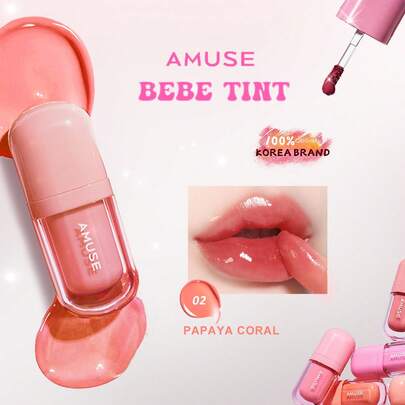 AMUSE Son tint BEBE Tint 02 Papaya Coral, chỉ cần một lần thoa đã lên màu sắc rực rỡ, lớp finish lì mịn như nhung, bền màu và lâu trôi. Nhẹ nhàng và thoải mái, hương trái cây, son tint dùng hàng ngày, mỹ phẩm Hàn Quốc, bộ quà tặng, 3.8g/0.13oz