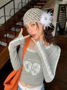 Lace Trim Letter Oblique Shoulder Long Sleeve T-Shirt, Slim Fit Sexy Ladies Top, Early Autumn