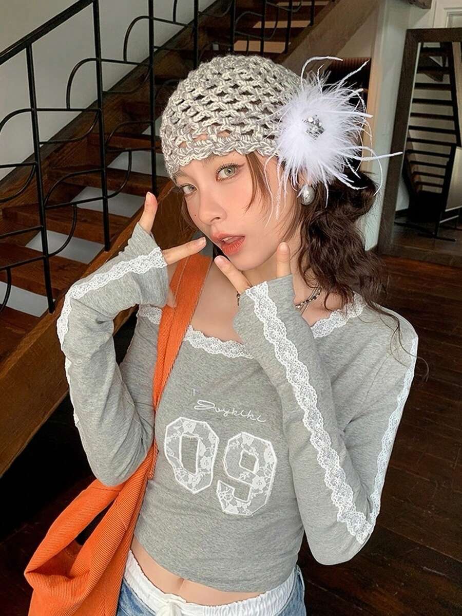 Lace Trim Letter Oblique Shoulder Long Sleeve T-Shirt, Slim Fit Sexy Ladies Top, Early Autumn