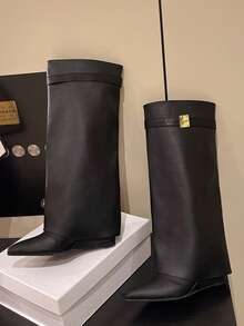 Women's Fashion Boots, Knee-High Boots, Cuff Boots, Western Boots, Pants Boots, Leg Boots, Hot Girl Boots, Buckle Design, Eye-Catching, Suitable For Daily, Indoor/Outdoor, Party, Pair With Skirts, Shorts, Elegant Women Boots, Women's Ankle Boots And Short Boots, Autumn/Winter - Black - View 6