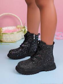 1 Paar Kinder Mode Lässig rutschfeste Stiefel, einfarbiges glänzendes Schnürdesign, seitlicher Reißverschluss Mädchen Stiefel geeignet für Reisen und Urlaub (zufällige Sohle)