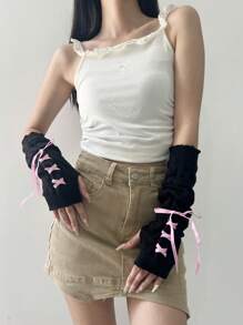 1 Pair Girls Ballet Style Arm Warmers, Autumn/Winter Fingerless Gloves Knitted Arm Sleeves With Criss-Cross Ribbon Tassel Decor, White Fingerless Gloves Arm Sleeves, Black Knitted Gloves, Y2K Streetwear Style - 251# - View 11