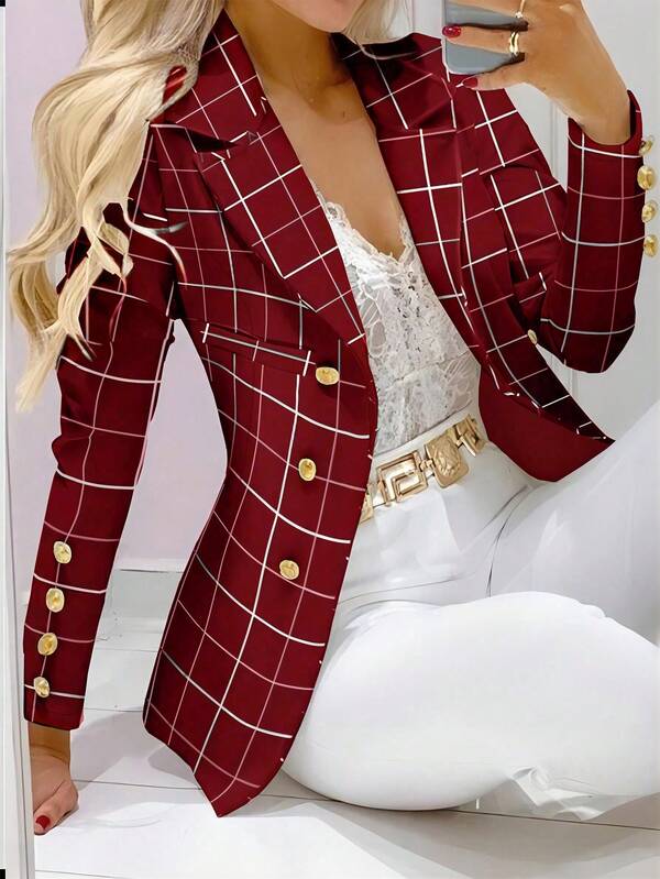Women's Button-Front Long Sleeve Notched Collar Plaid Casual Blazer
