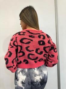 Leopard Print Knit Two - Piece Set (Cardigan + Crop Top) - Ideal for Fall & Spring, Casual Outings, Streetwear. Trendy, Versatile Sweater Set. - Rosa - Ver 6