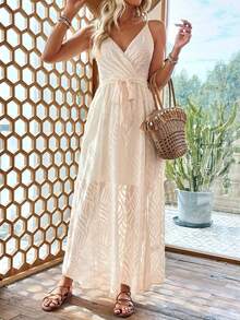 Elegante Vestido Casuales Para Mujer De Textura,Vestido Largo Con Abertura y Cuello En v Para Vacaciones - Beis - Ver 4