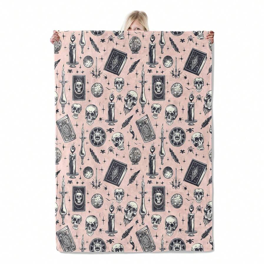 Gothic Witchcore Flannel Blanket 50x60in, Skulls, Candles, Spell Books And Moons On Pink Background, Soft Lightweight Throw For Witches, Goth Aesthetic, Halloween Decor Gifts BlanketsCozy All-Season  Blanket - Lightweight Comfort For Warm, Cloud-Like Comfort For Chilly Nights & Winter Lounging