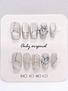 10片银色猫眼手工按压式美甲贴纸，中号方形，手工花卉图案，法式网状美甲用品，手工珍珠美甲，DIY居家美甲设计，全覆盖假指甲，人造指甲，适合女性和女孩，日常办公佩戴假指甲 - 銀色 - 查看 2