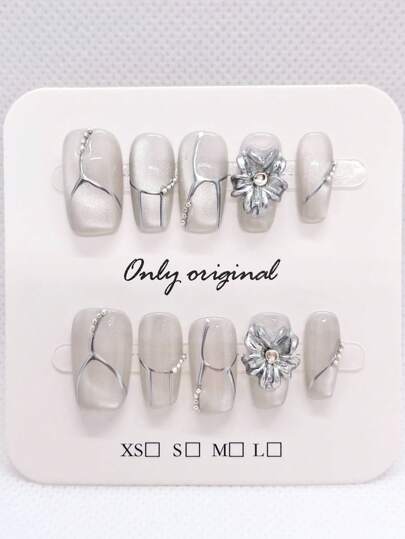 10片银色猫眼手工按压式美甲贴纸，中号方形，手工花卉图案，法式网状美甲用品，手工珍珠美甲，DIY居家美甲设计，全覆盖假指甲，人造指甲，适合女性和女孩，日常办公佩戴假指甲